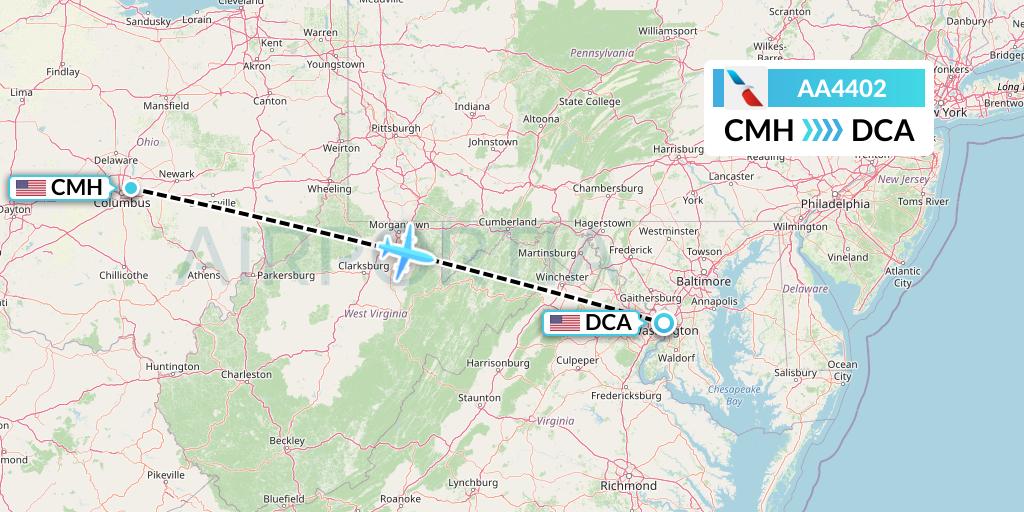 AA4402 American Airlines Flight Map: Columbus to Washington