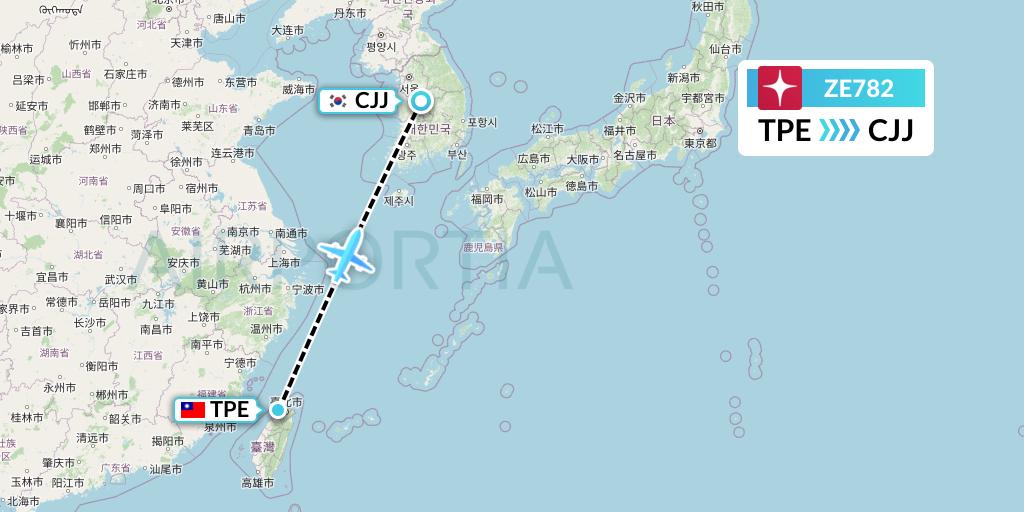 ZE782 Eastar Jet Flight Map: Taipei to Cheongju