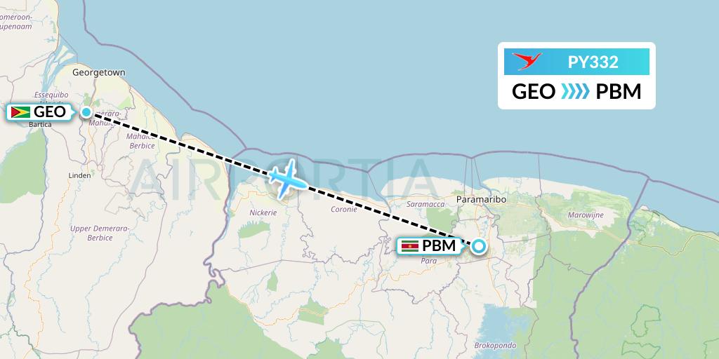 PY332 Surinam Airways Flight Map: Georgetown to Paramaribo