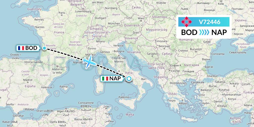 V72446 Volotea Flight Map: Bordeaux to Naples