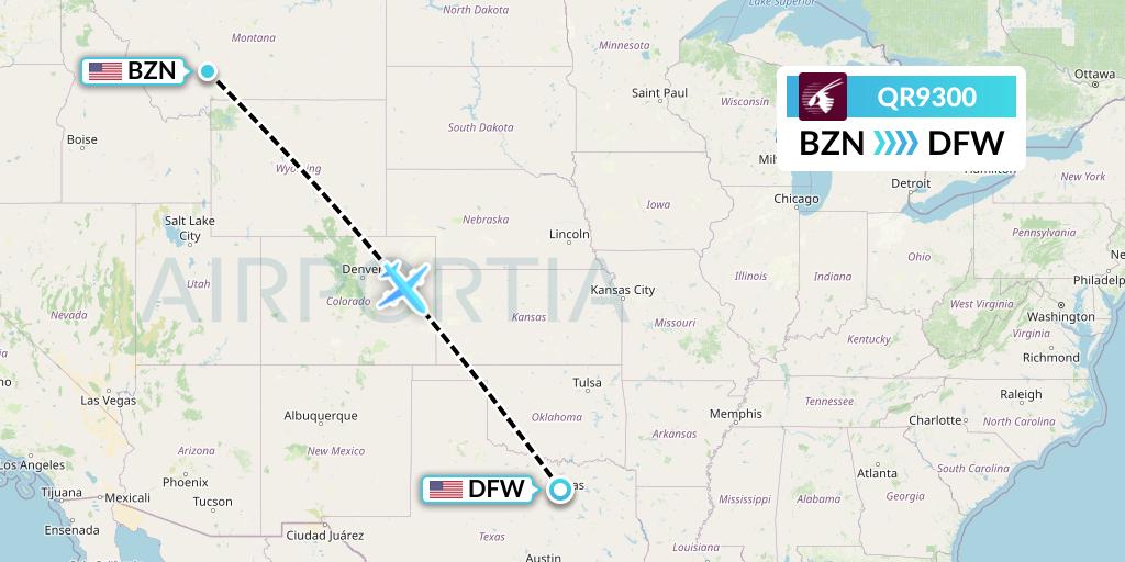 QR9300 Qatar Airways Flight Map: Bozeman to Dallas