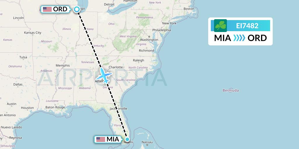 EI7482 Aer Lingus Flight Map: Miami to Chicago