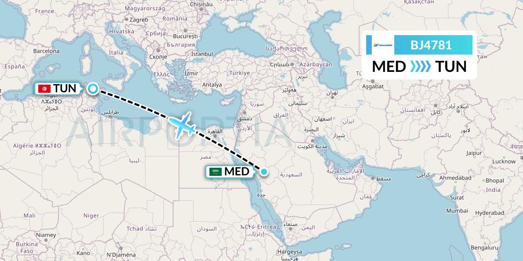 BJ4781 Nouvelair Tunisie Flight Map: Medina to Tunis