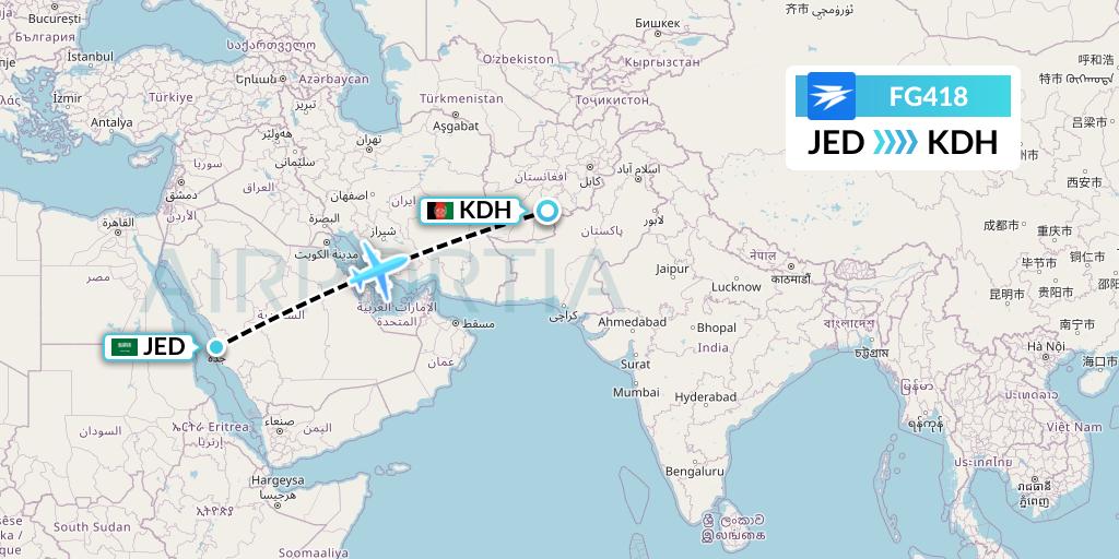FG418 Ariana Afghan Airlines Flight Map: Jeddah to Kandahar