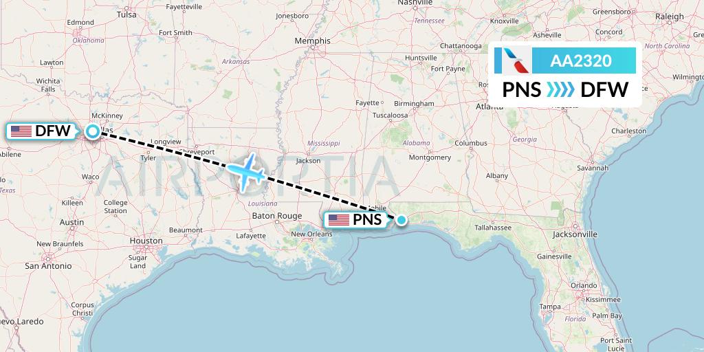 AA2320 American Airlines Flight Map: Pensacola to Dallas