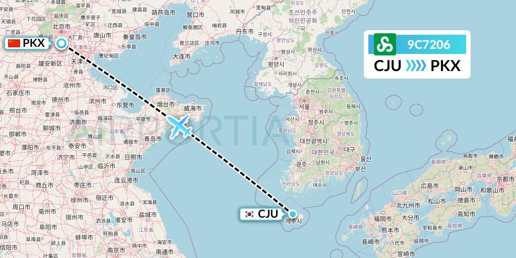 9C7206 Spring Airlines Flight Map: Jeju to Beijing