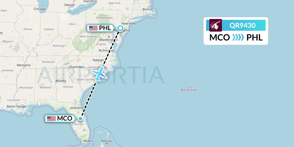QR9430 Qatar Airways Flight Map: Orlando to Philadelphia