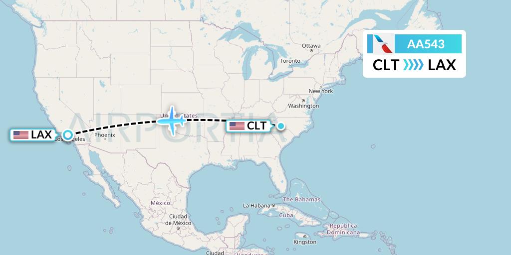 AA543 American Airlines Flight Map: Charlotte to Los Angeles