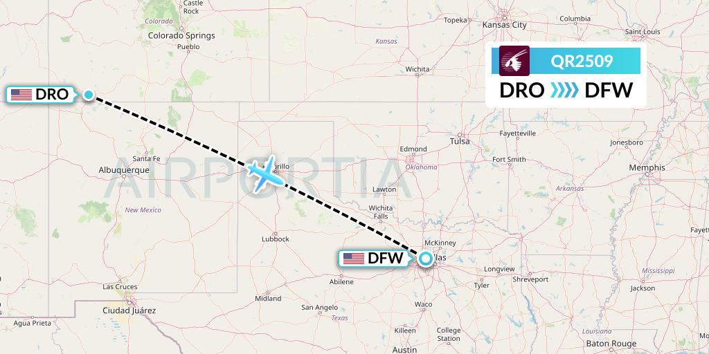 QR2509 Qatar Airways Flight Map: Durango to Dallas