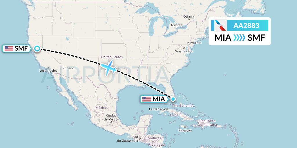 AA2883 American Airlines Flight Map: Miami to Sacramento