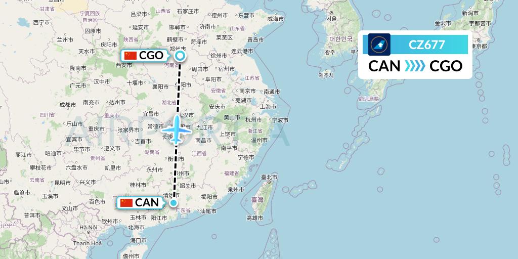 CZ677 China Southern Airlines Flight Map: Guangzhou to Zhengzhou