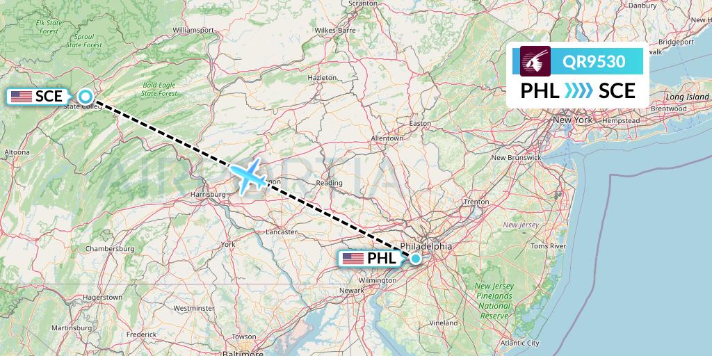 QR9530 Qatar Airways Flight Map: Philadelphia to State College