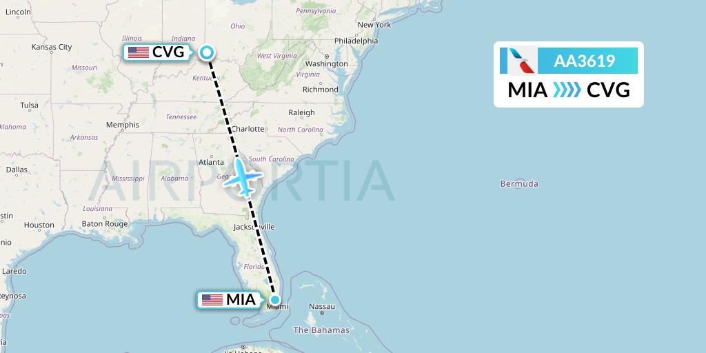 AA3619 American Airlines Flight Map: Miami to Cincinnati