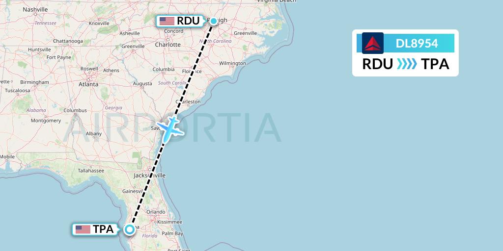 DL8954 Delta Air Lines Flight Map: Raleigh-Durham to Tampa