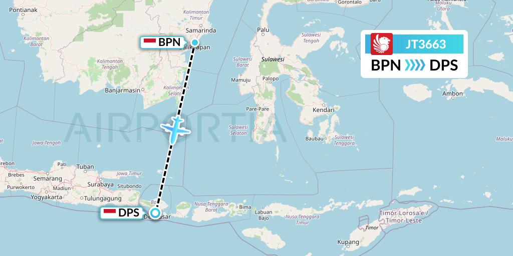 JT3663 Lion Airlines Flight Map: Balikpapan to Denpasar