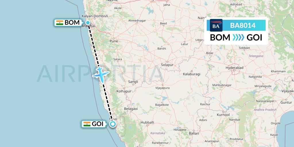 BA8014 British Airways Flight Map: Mumbai to Goa