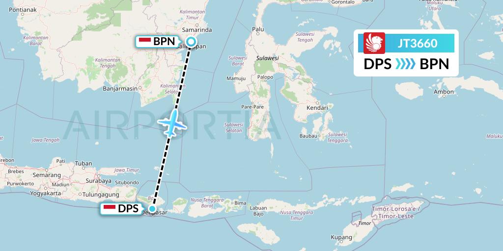 JT3660 Lion Airlines Flight Map: Denpasar to Balikpapan