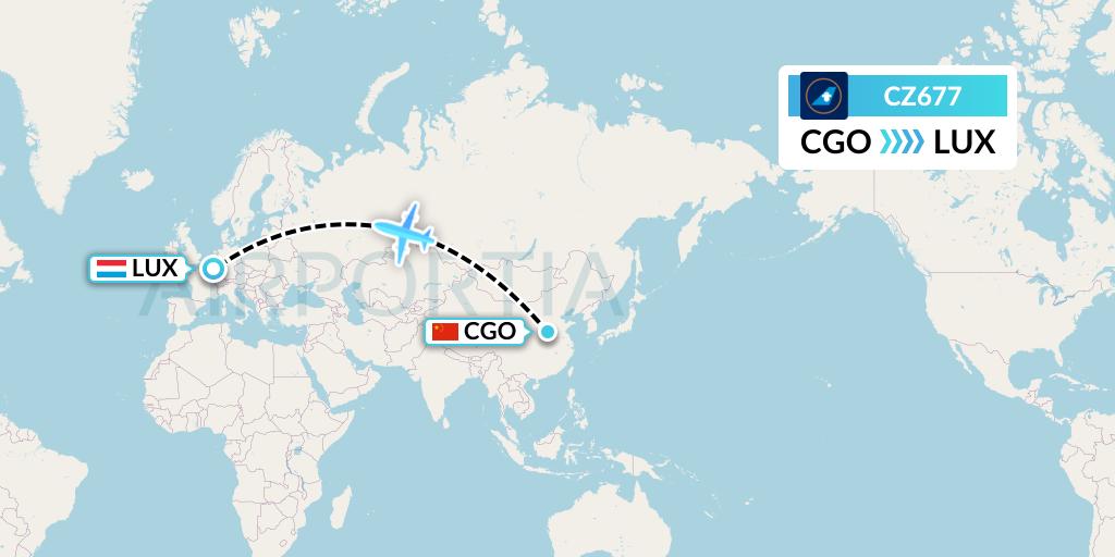 CZ677 China Southern Airlines Flight Map: Zhengzhou to Luxembourg
