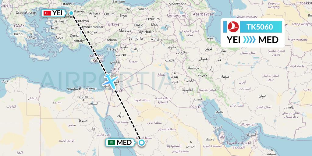 TK5060 Turkish Airlines Flight Map: Bursa to Medina
