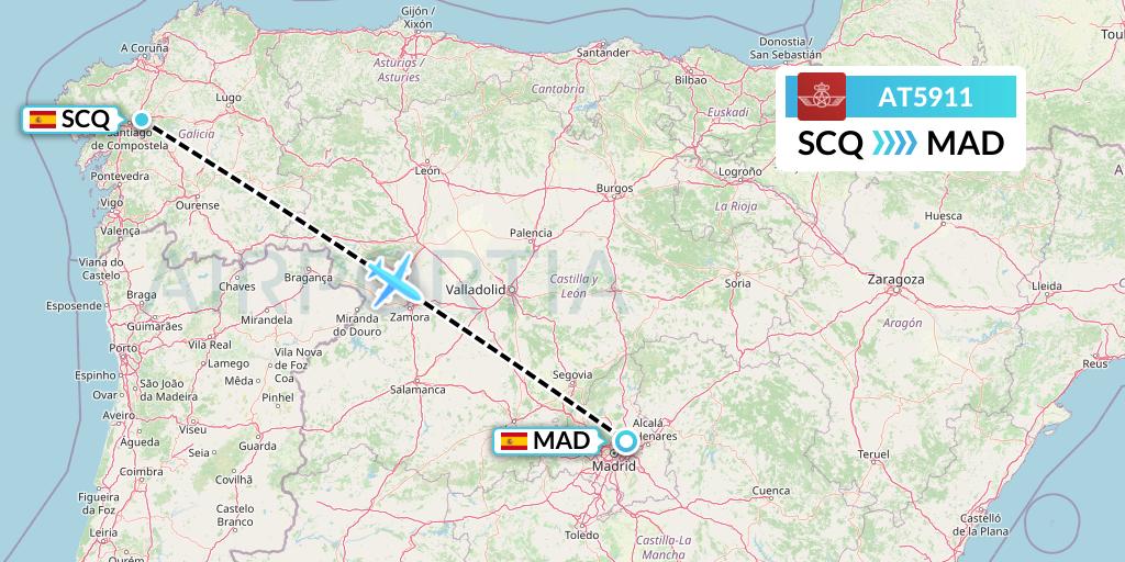 AT5911 Royal Air Maroc Flight Map: Santiago to Madrid