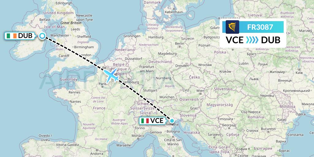 FR3087 Ryanair Flight Map: Venice to Dublin