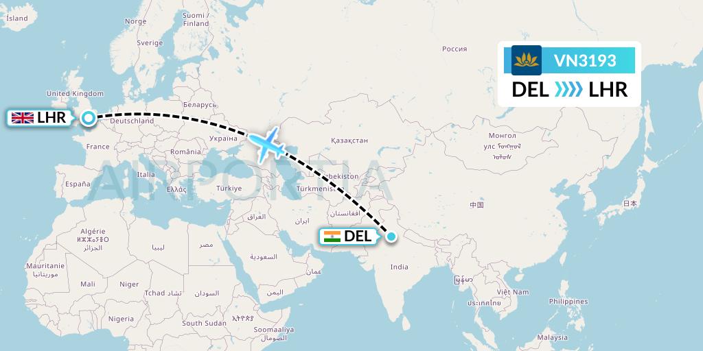 VN3193 Vietnam Airlines Flight Map: Delhi to London