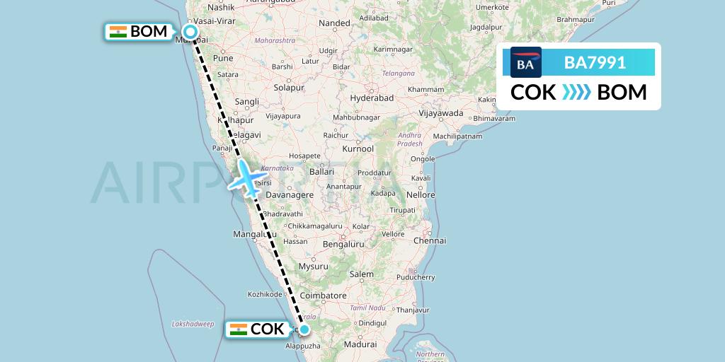 BA7991 British Airways Flight Map: Cochin to Mumbai