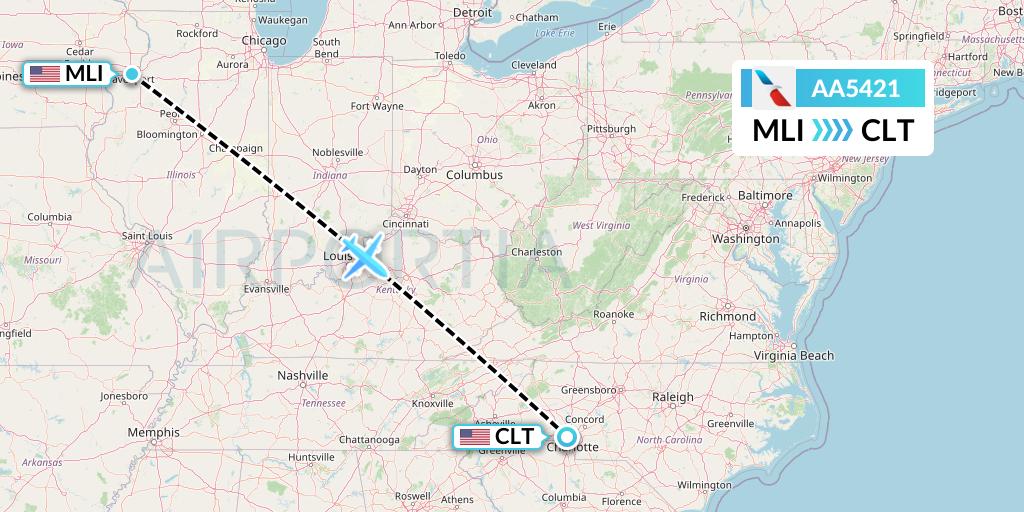 AA5421 American Airlines Flight Map: Moline to Charlotte