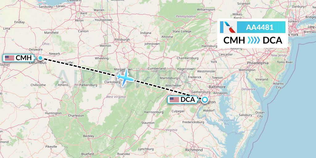 AA4481 American Airlines Flight Map: Columbus to Washington
