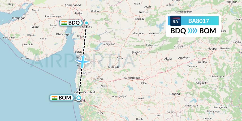 BA8017 British Airways Flight Map: Vadodara to Mumbai