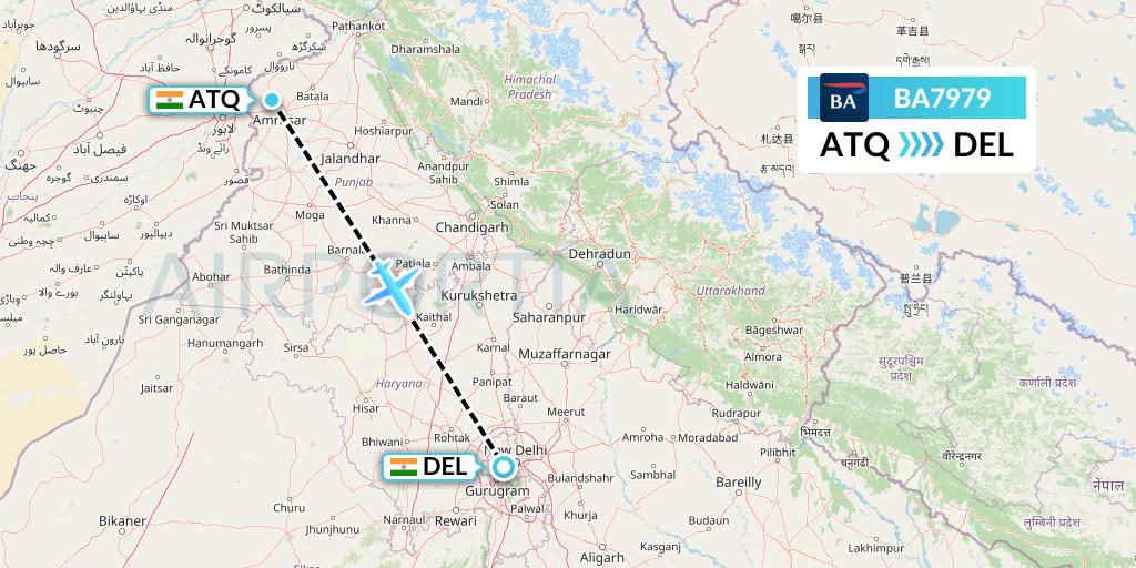 BA7979 British Airways Flight Map: Amritsar to Delhi
