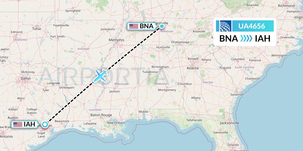 UA4656 United Airlines Flight Map: Nashville to Houston