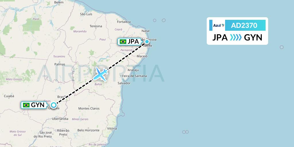 AD2370 Azul Brazilian Airlines Flight Map: Joao Pessoa to Goiania
