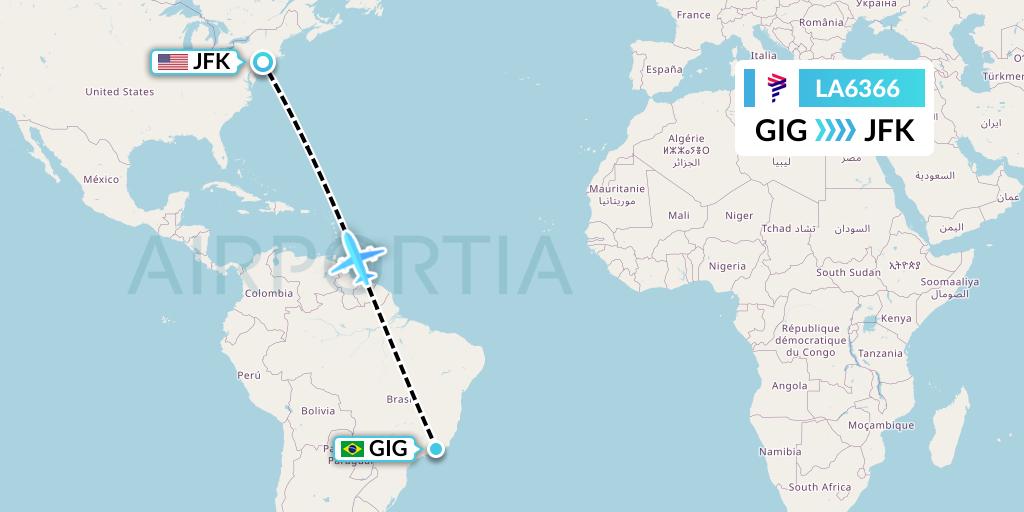 LA6366 LAN Airlines Flight Map: Rio de Janeiro to New York