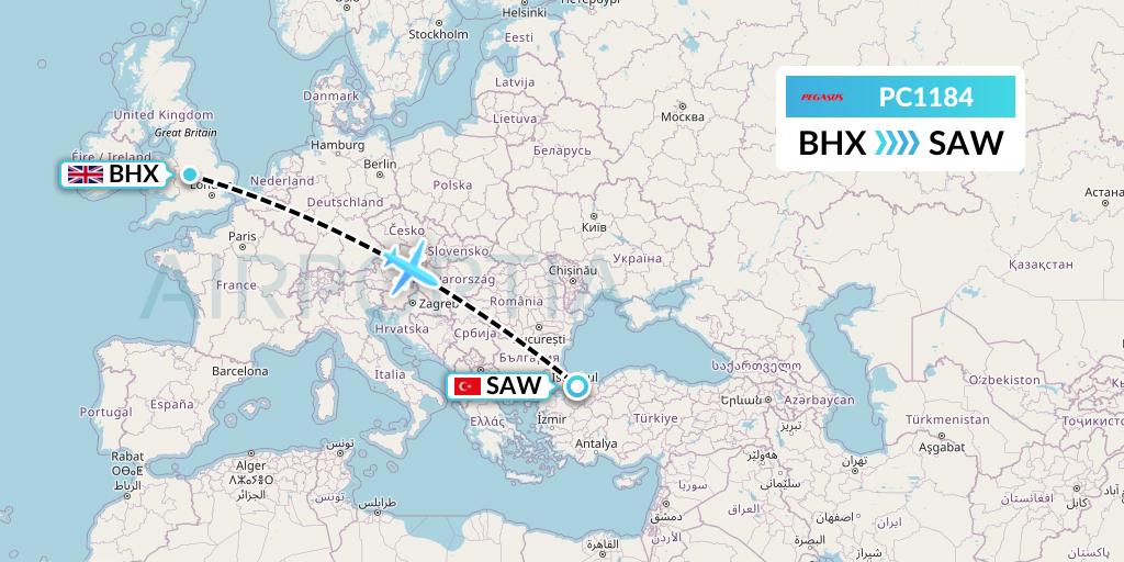 PC1184 Pegasus Airlines Flight Map: Birmingham to Istanbul