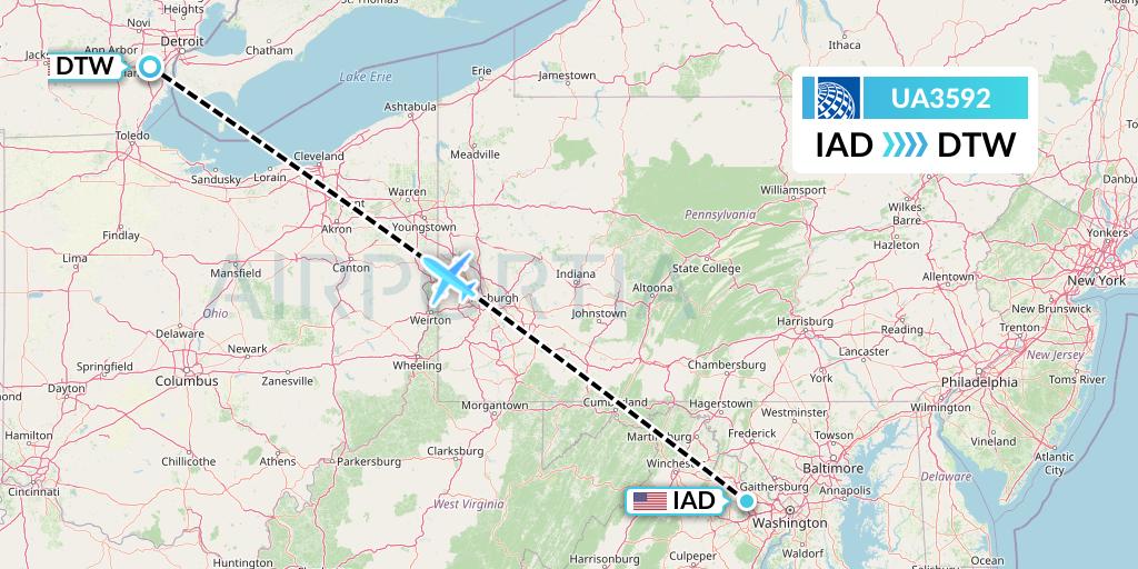 UA3592 United Airlines Flight Map: Washington to Detroit