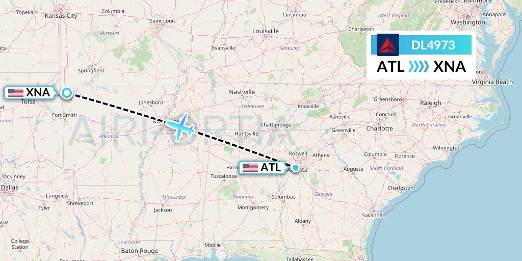 DL4973 Delta Air Lines Flight Map: Atlanta to Bentonville