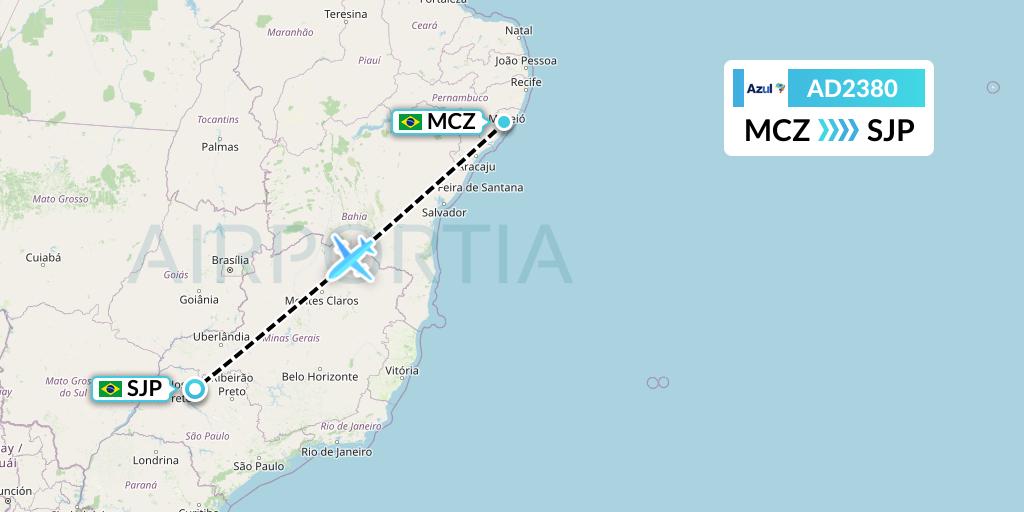 AD2380 Azul Brazilian Airlines Flight Map: Maceio to Sao Jose Do Rio Preto