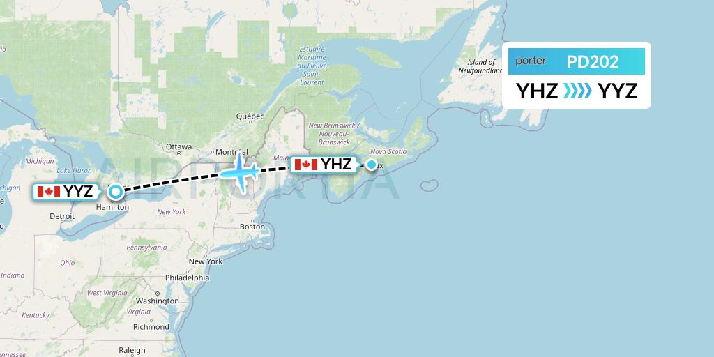 PD202 Porter Airlines Flight Map: Halifax to Toronto