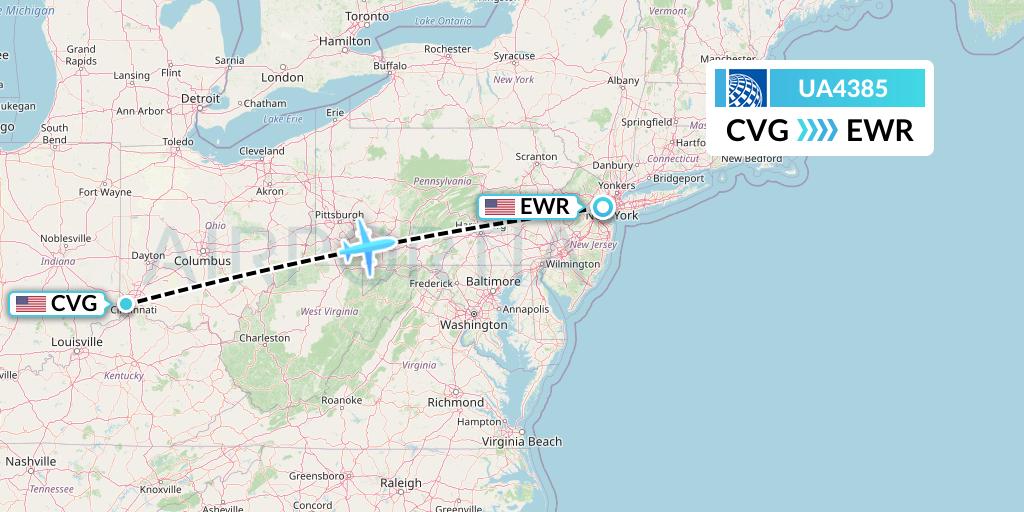 UA4385 United Airlines Flight Map: Cincinnati to New York