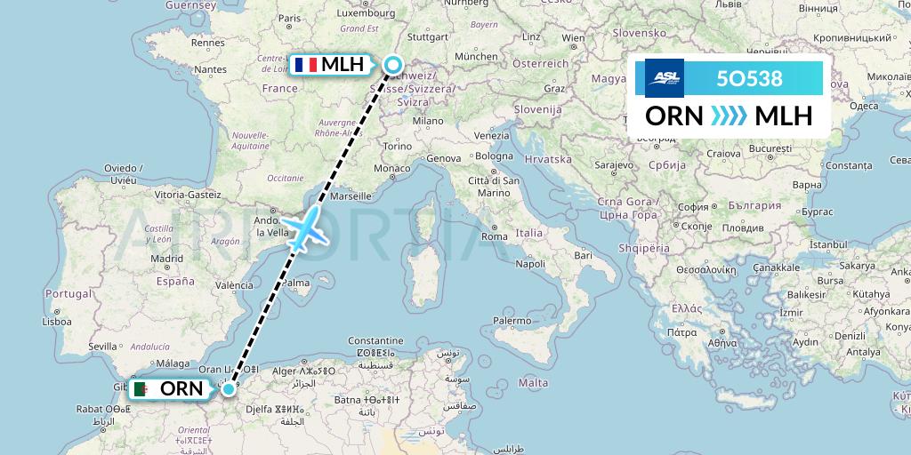 5O538 ASL Airlines France Flight Map: Oran to Basel Mulhouse Freiburg