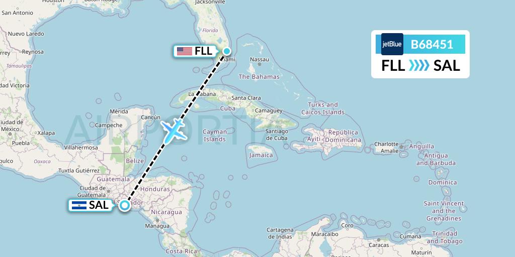 B68451 JetBlue Airways Flight Map: Fort Lauderdale to San Salvador