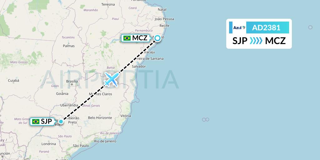 AD2381 Azul Brazilian Airlines Flight Map: Sao Jose Do Rio Preto to Maceio