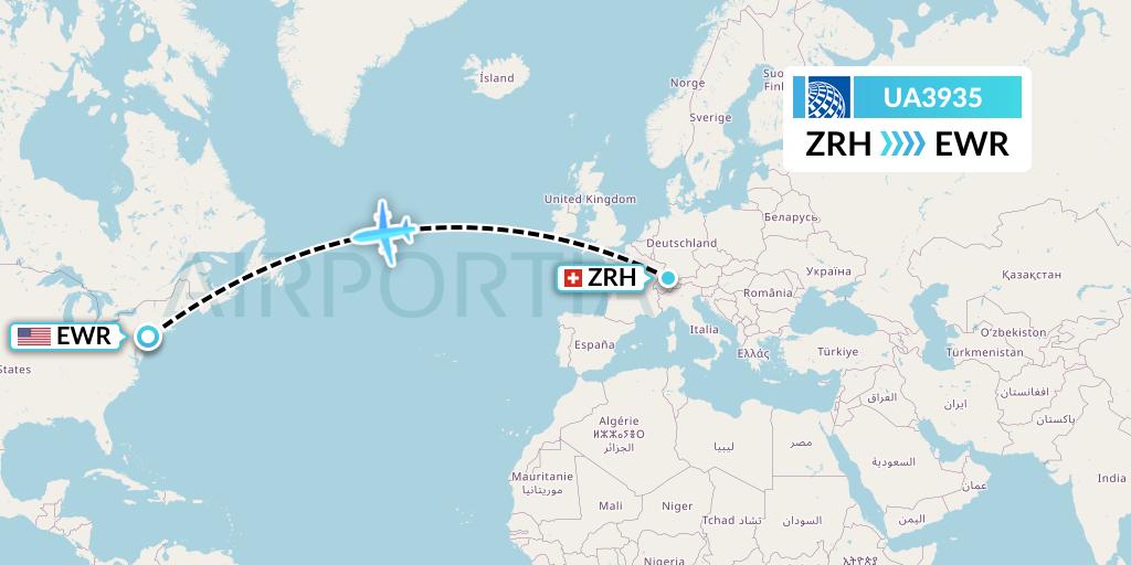 UA3935 United Airlines Flight Map: Zurich to New York