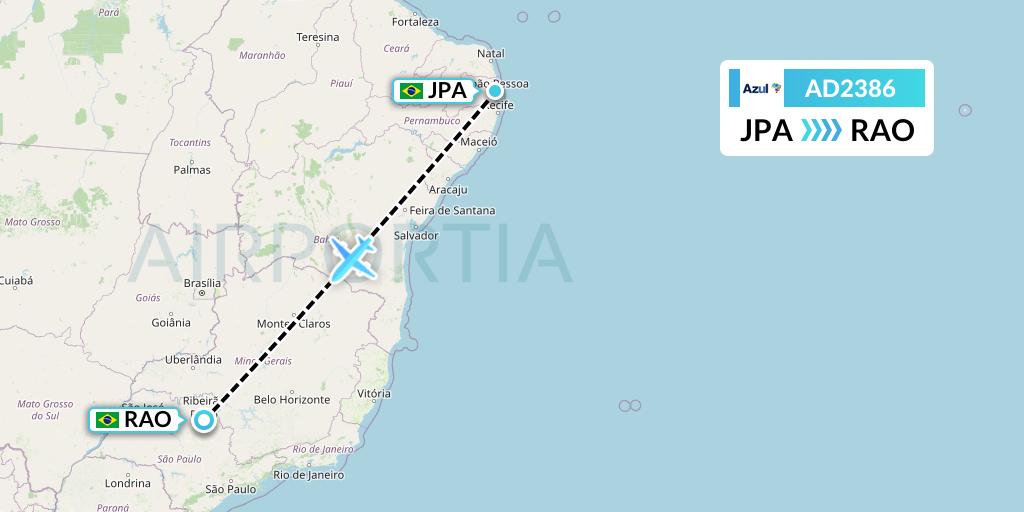 AD2386 Azul Brazilian Airlines Flight Map: Joao Pessoa to Riberao Preto
