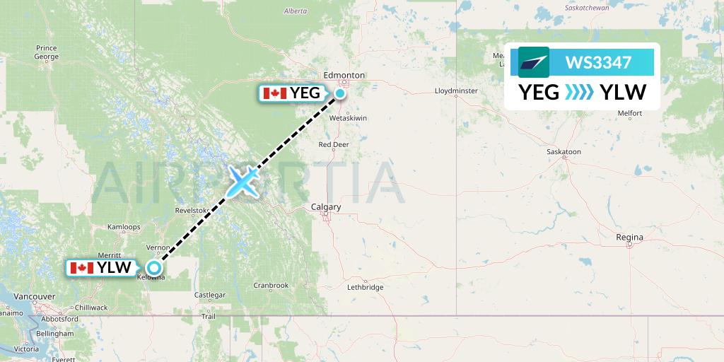 WS3347 WestJet Flight Map: Edmonton to Kelowna