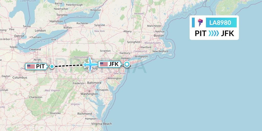 LA8980 LAN Airlines Flight Map: Pittsburgh to New York