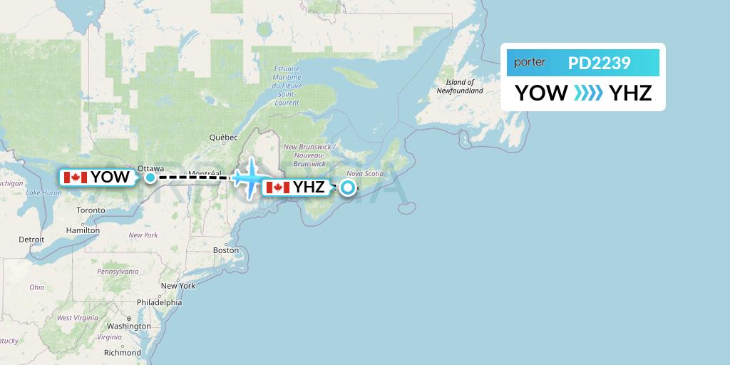 PD2239 Porter Airlines Flight Map: Ottawa to Halifax