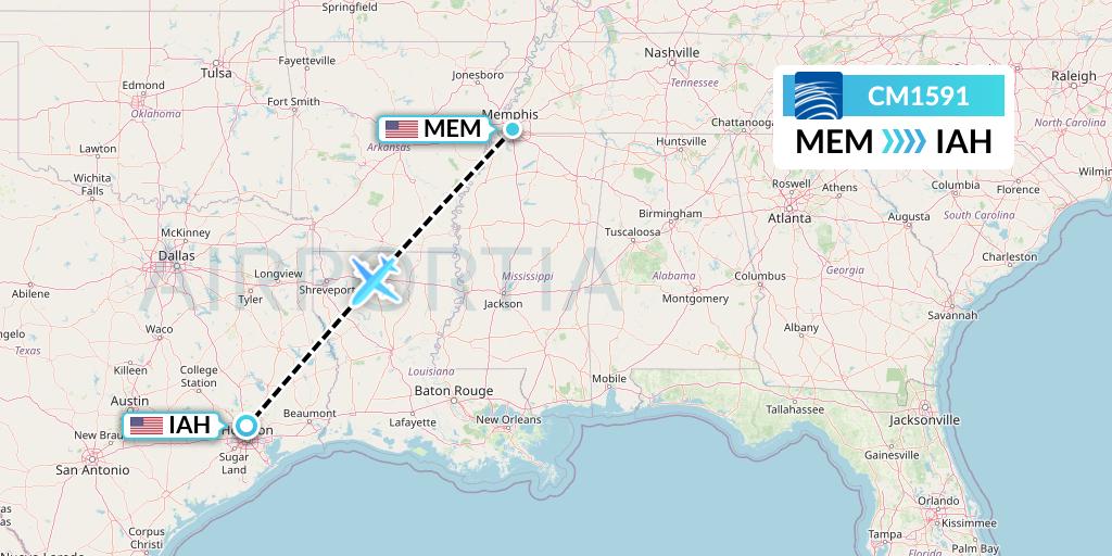 CM1591 Copa Airlines Flight Map: Memphis to Houston