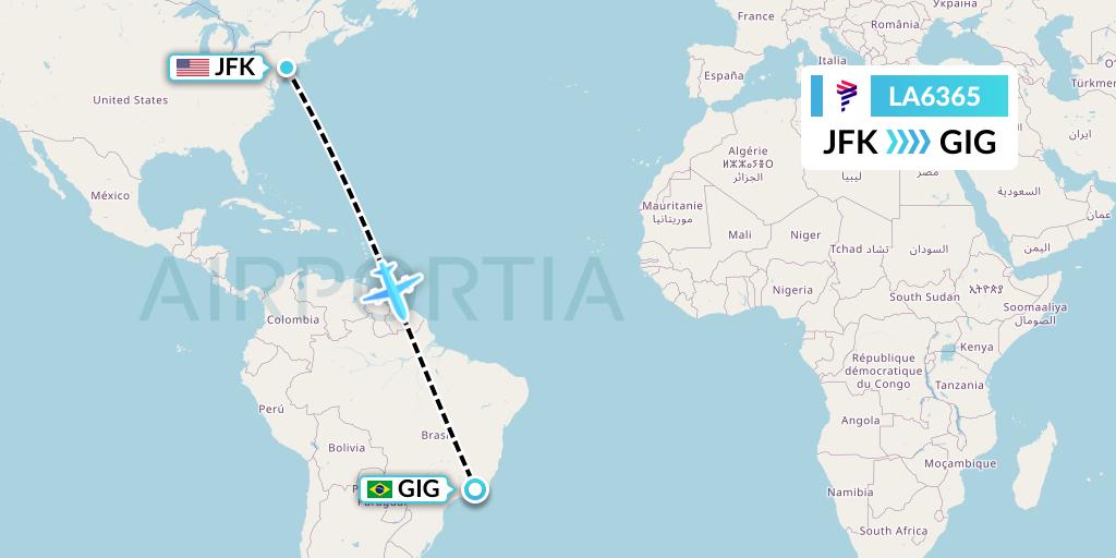 LA6365 LAN Airlines Flight Map: New York to Rio de Janeiro